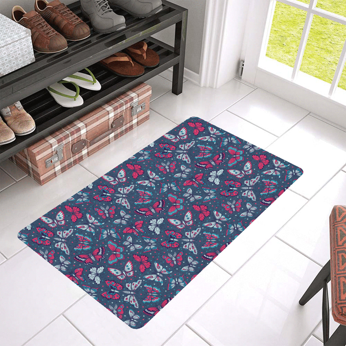 Butterfly Red Deep Blue Print Pattern Rubber Doormat