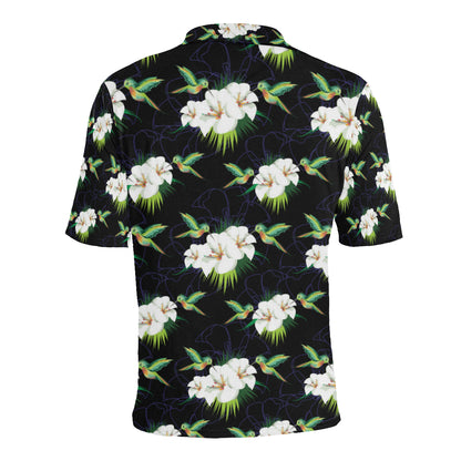 Hummingbird with Flower Pattern Print Design 03 Men Polo Shirt