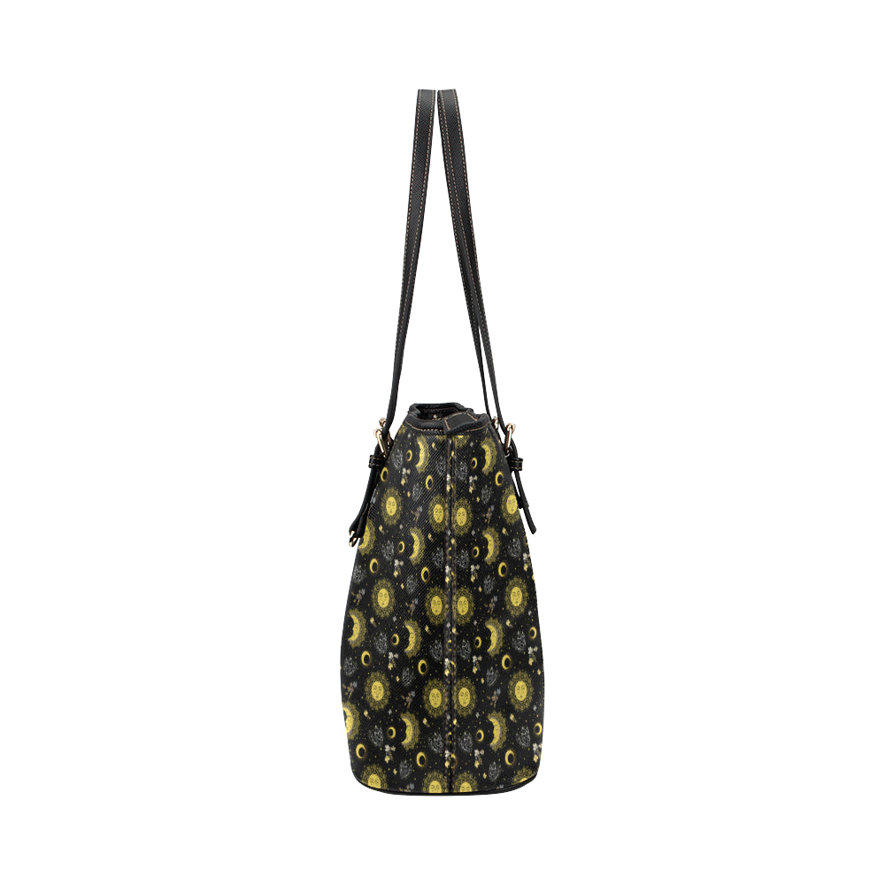 Sun Moon Golden Design Themed Print Leather Tote Bag