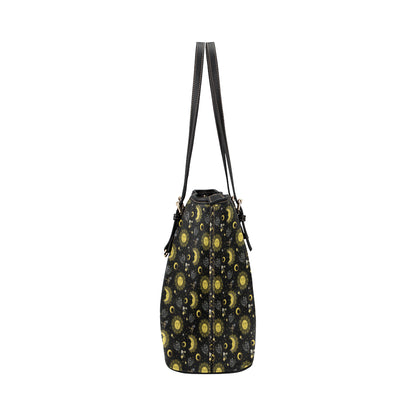 Sun Moon Golden Design Themed Print Leather Tote Bag