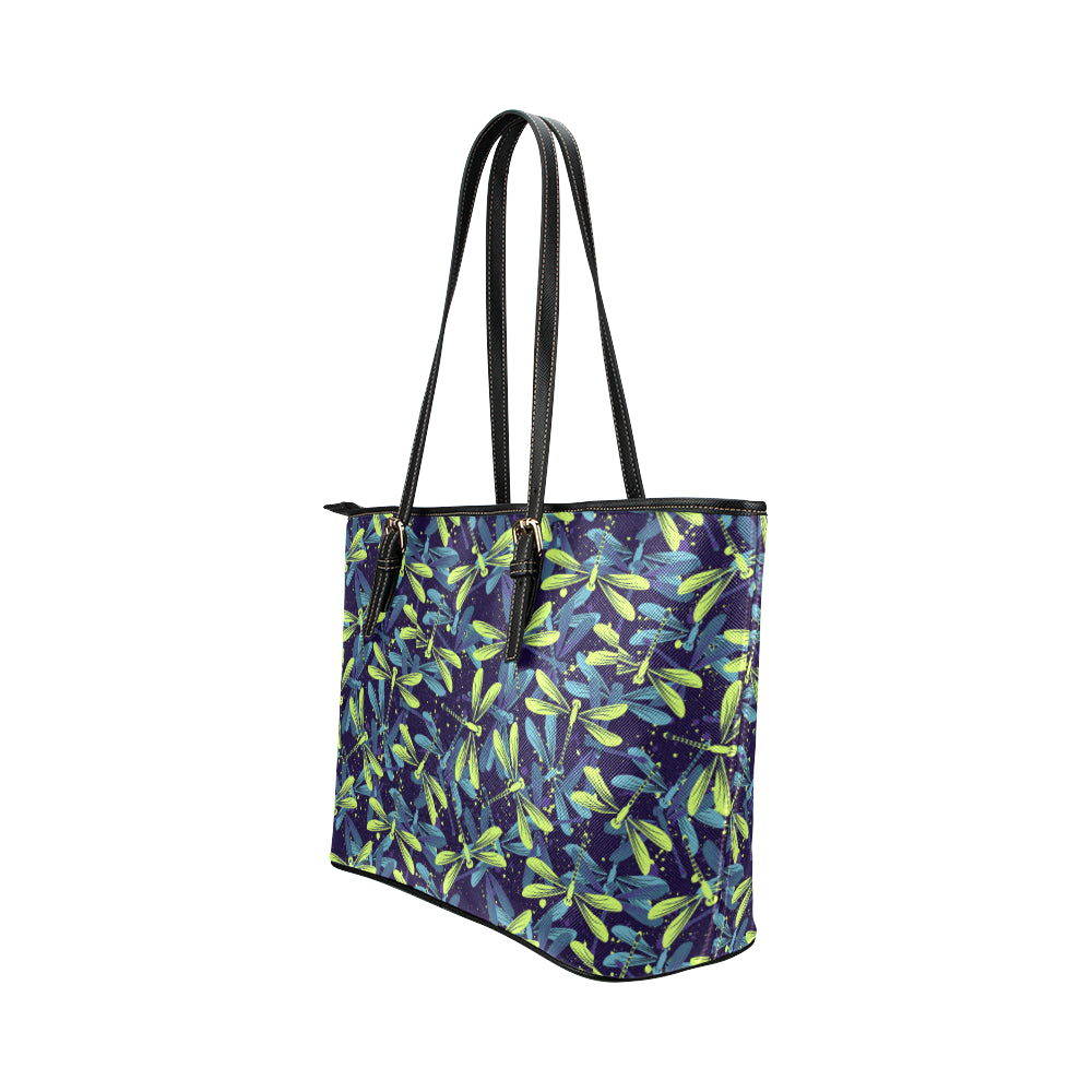 Dragonfly Lime Blue Print Pattern Leather Tote Bag