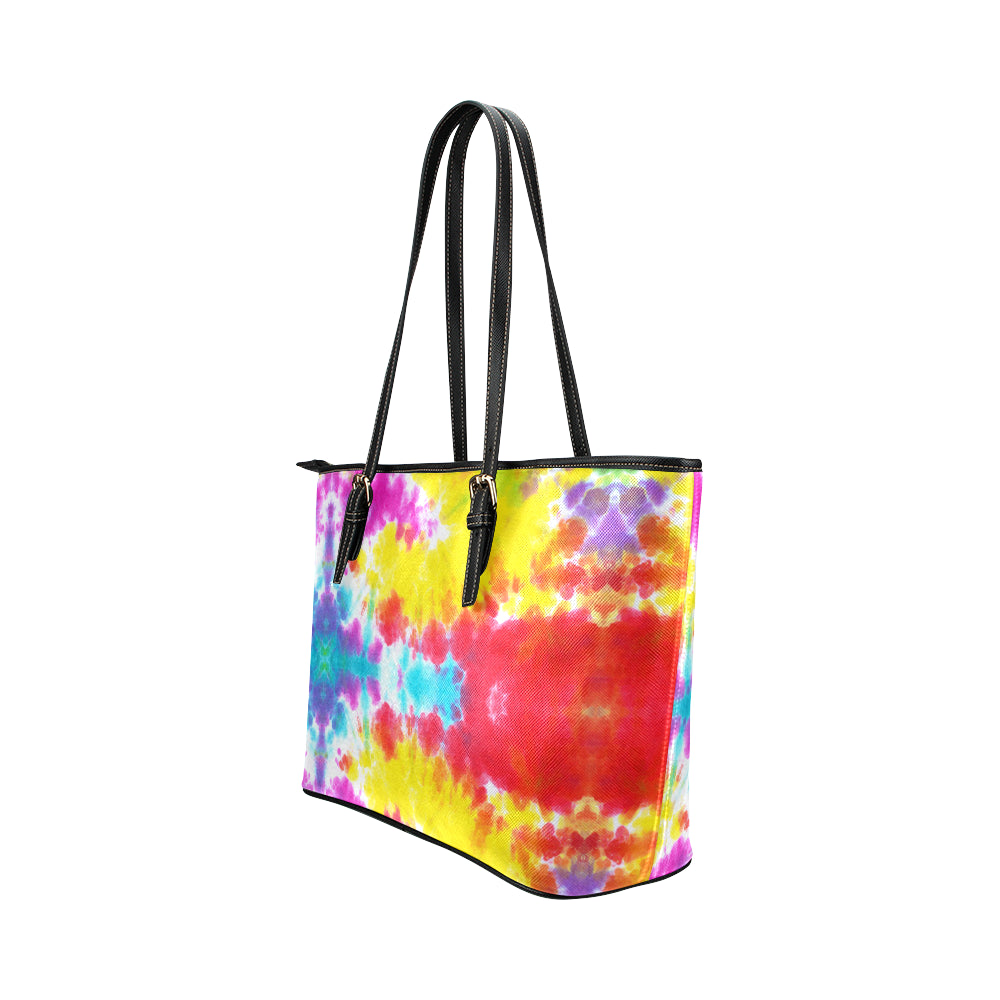 Tie Dye Rainbow Themed Print Leather Tote Bag