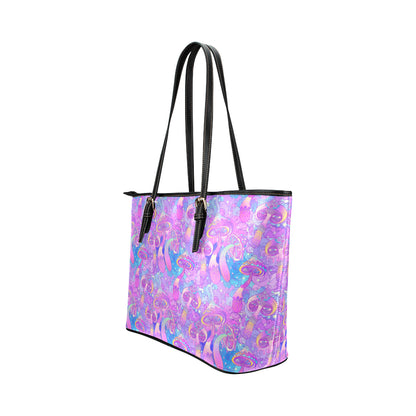 Psychedelic Trippy Mushroom Print Leather Tote Bag