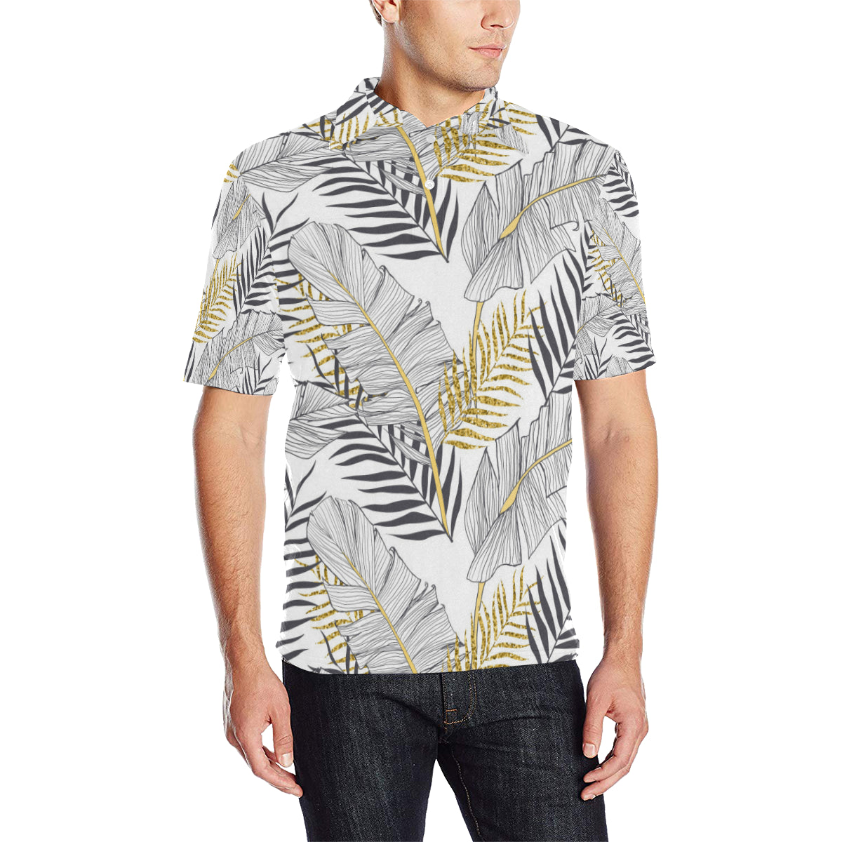 Gold Glitter Tropical Palm Leaves Men Polo Shirt