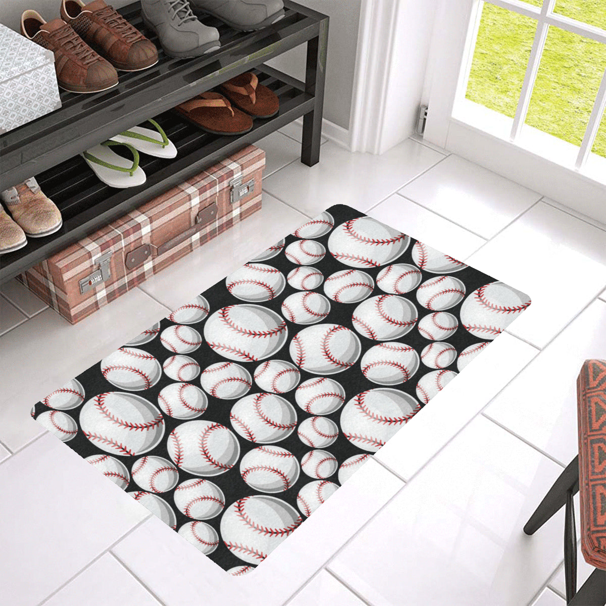 Baseball Black Background Rubber Doormat