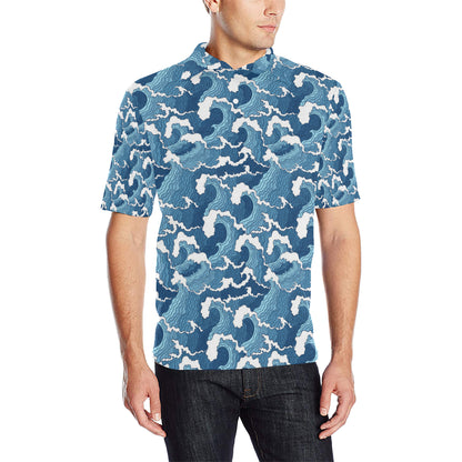 Wave Themed Pattern Print Men Polo Shirt