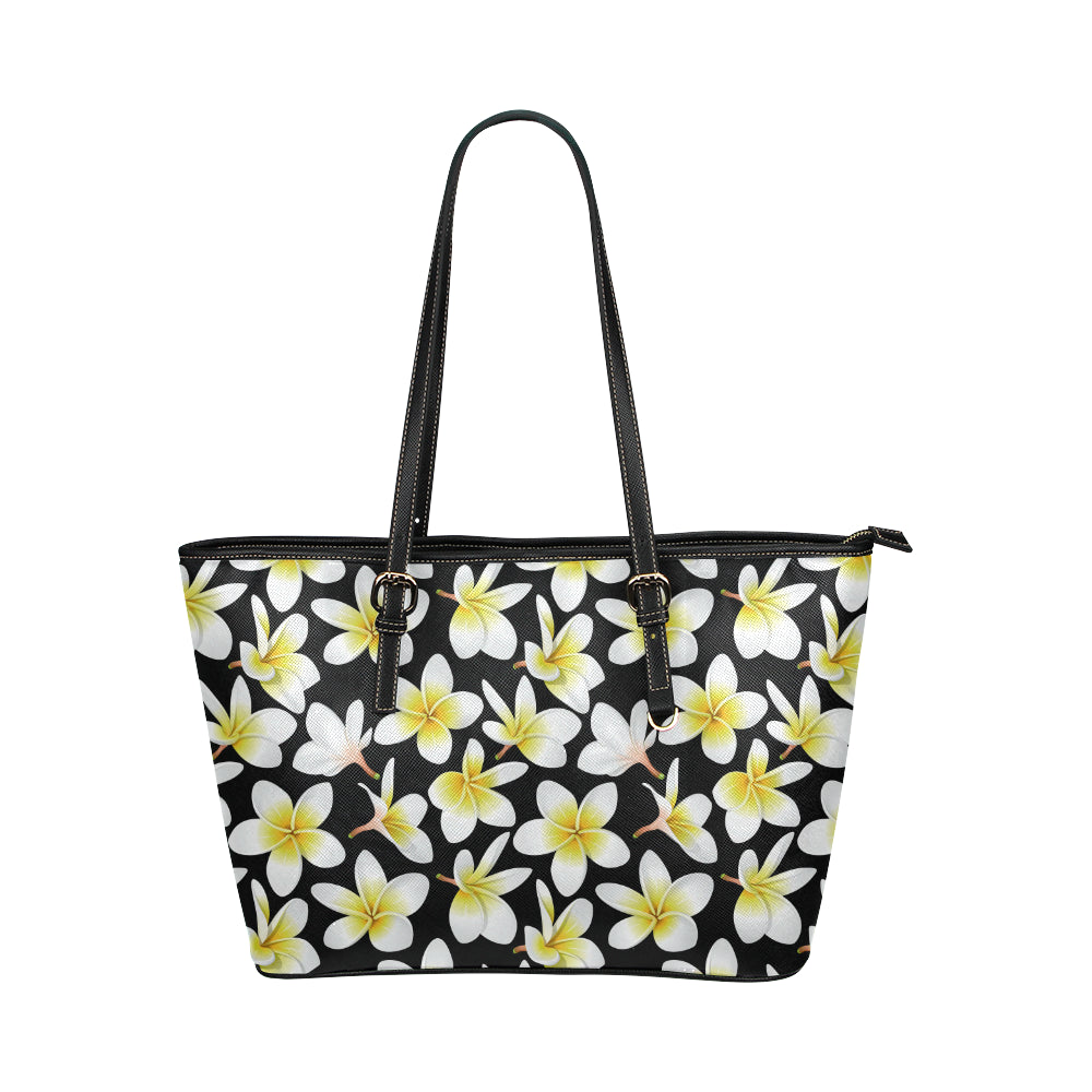 Yellow Plumeria Hawaiian Flowers Leather Tote Bag