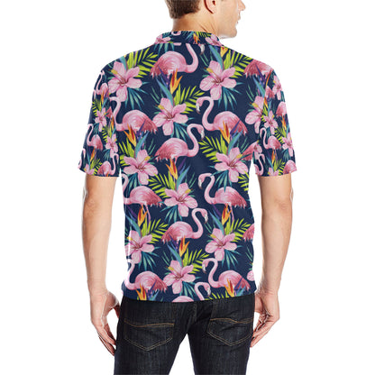 Flamingo Hibiscus Print Men Polo Shirt