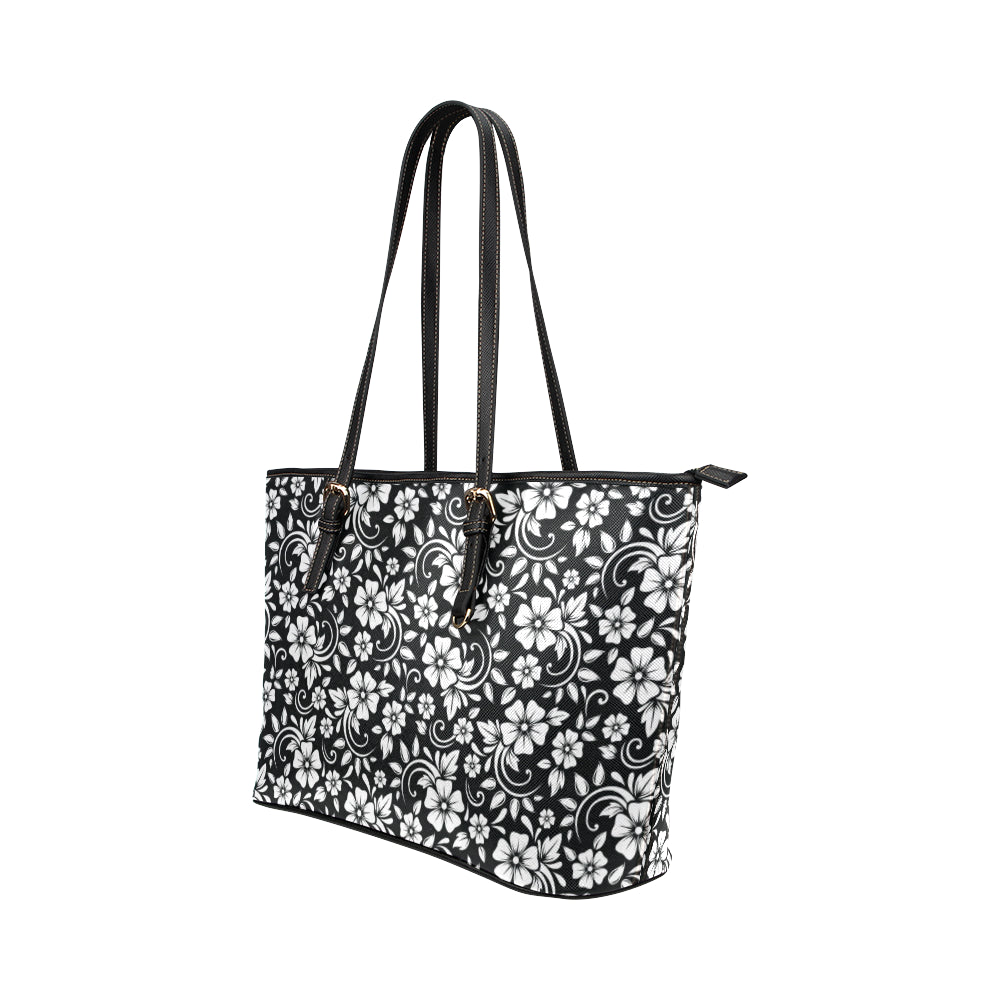 Floral Black White Themed Print Leather Tote Bag