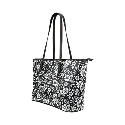 Floral Black White Themed Print Leather Tote Bag