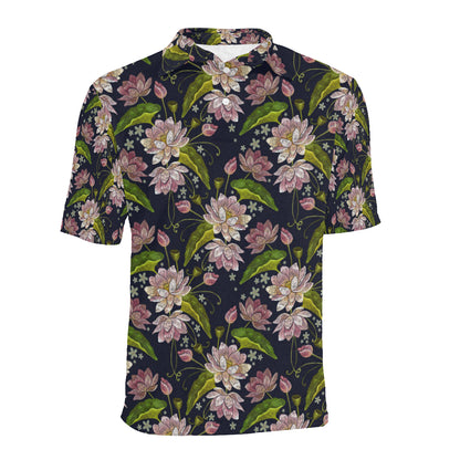 lotus Embroidered Pattern Print Design LO06 Men Polo Shirt