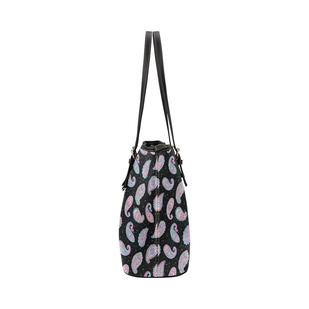 Paisley Pink Design Mandala Print Leather Tote Bag