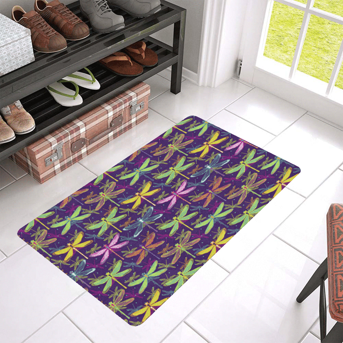 Dragonfly Neon Color Print Pattern Rubber Doormat