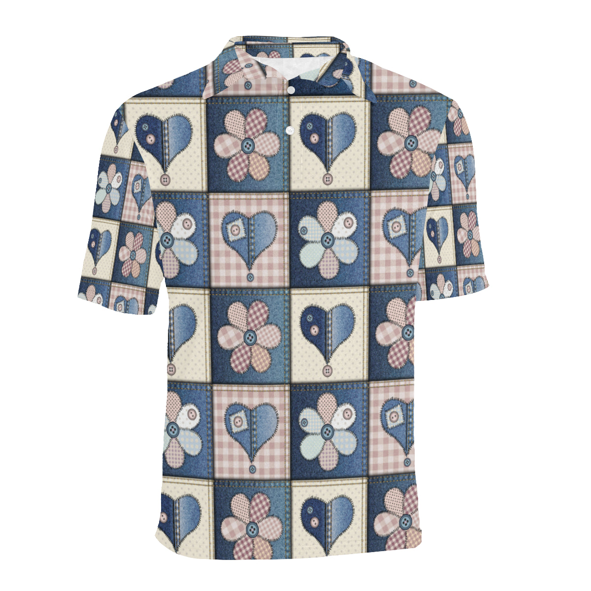 Patchwork Heart Flower Pattern Print Design 01 Men Polo Shirt