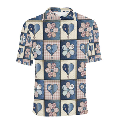 Patchwork Heart Flower Pattern Print Design 01 Men Polo Shirt