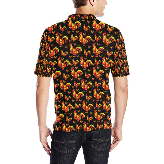 Rooster Print Themed Men Polo Shirt