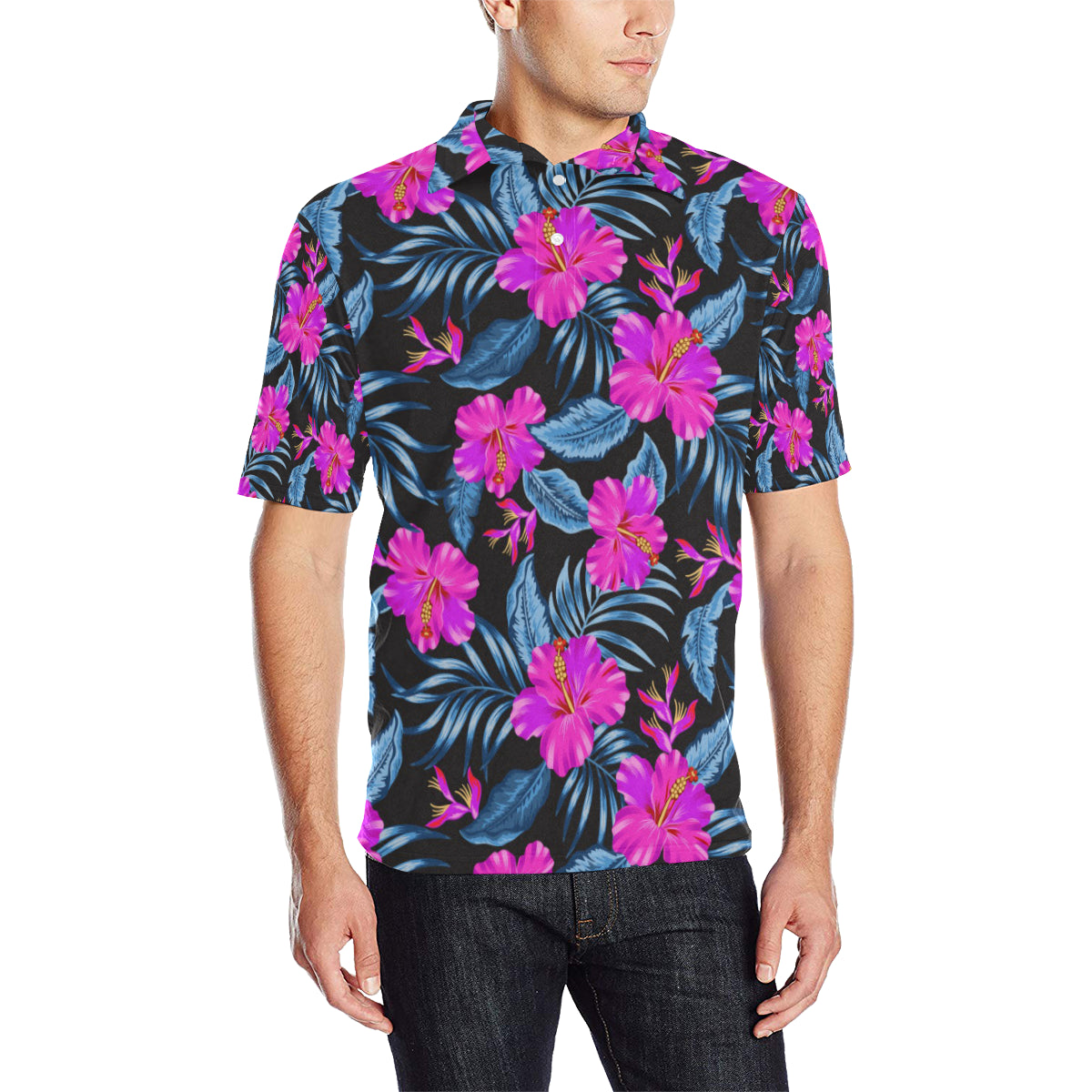 Neon Pink Hibiscus Pattern Print Design HB015 Men Polo Shirt