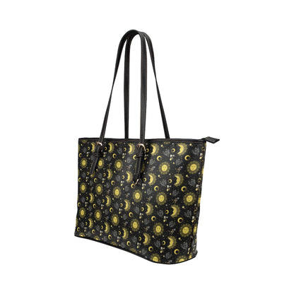 Sun Moon Golden Design Themed Print Leather Tote Bag