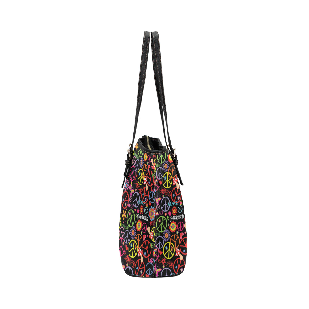 Peace Sign Colorful Design Print Leather Tote Bag
