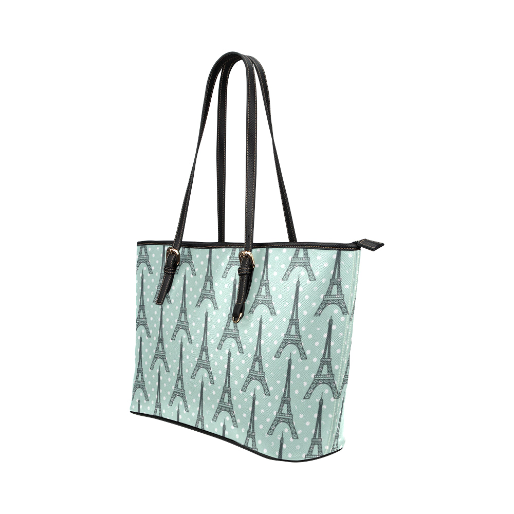 Eiffel Tower Polka Dot Print Leather Tote Bag
