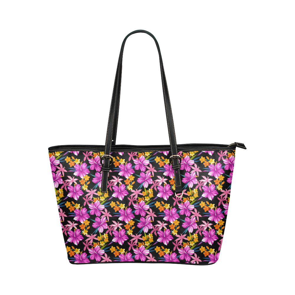 Tropical Folower Pink Hibiscus Print Leather Tote Bag