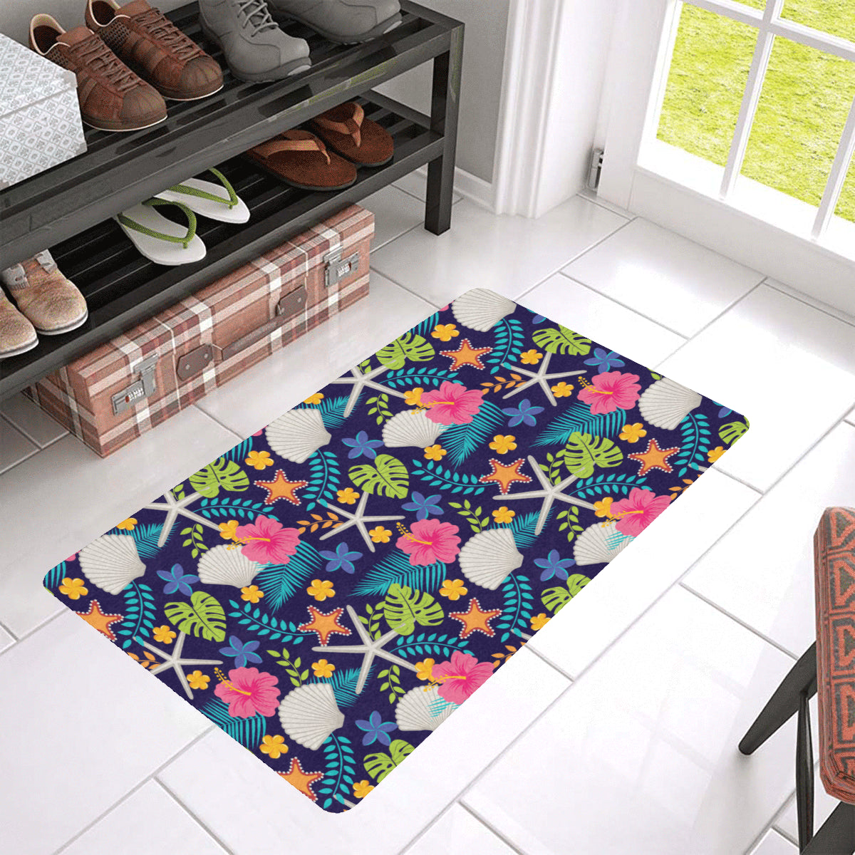 Beach Seashell Floral Theme Rubber Doormat