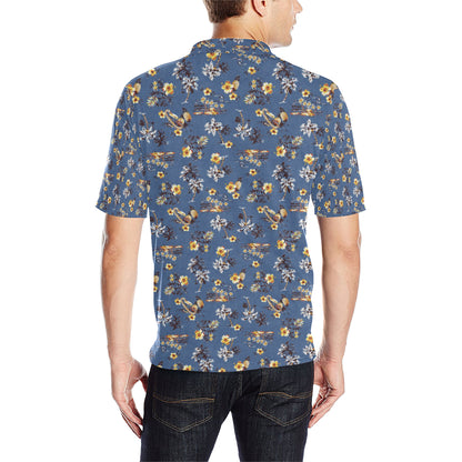 Hawaiian Flower Blue Print Men Polo Shirt