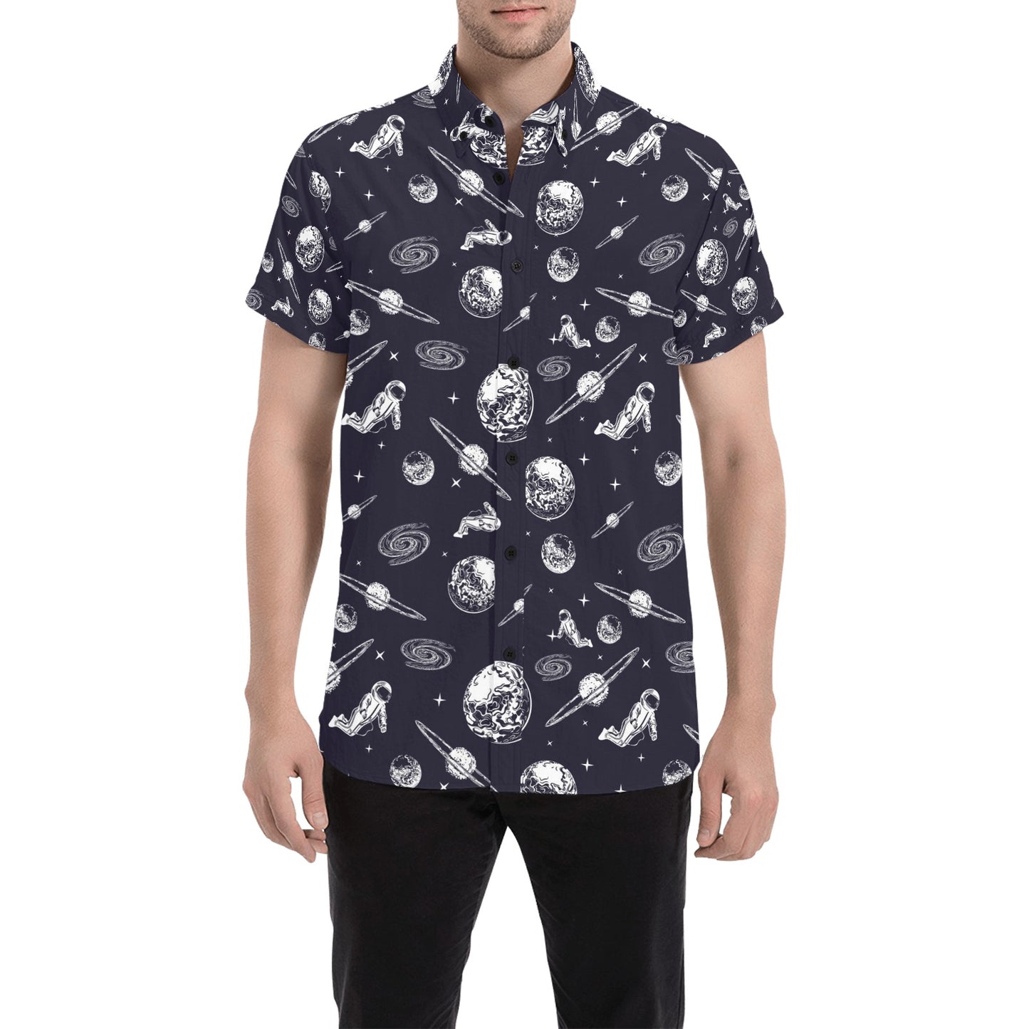 Space Astronaut Print Design LKS302 Men Short Sleeve Button Up Shirt