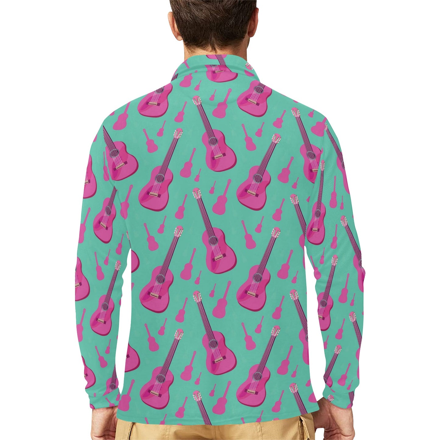 Acoustic Guitar Print Design LKS405 Long Sleeve Polo Shirt For Men's
