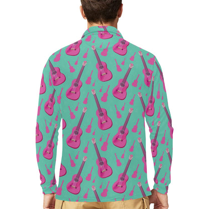 Acoustic Guitar Print Design LKS405 Long Sleeve Polo Shirt For Men's