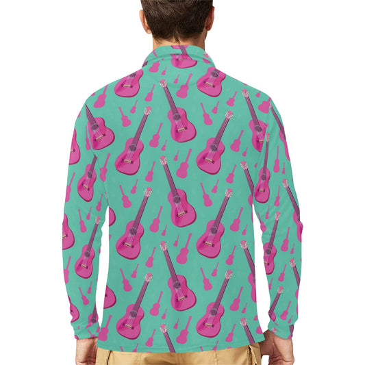 Acoustic Guitar Print Design LKS405 Long Sleeve Polo Shirt For Men's