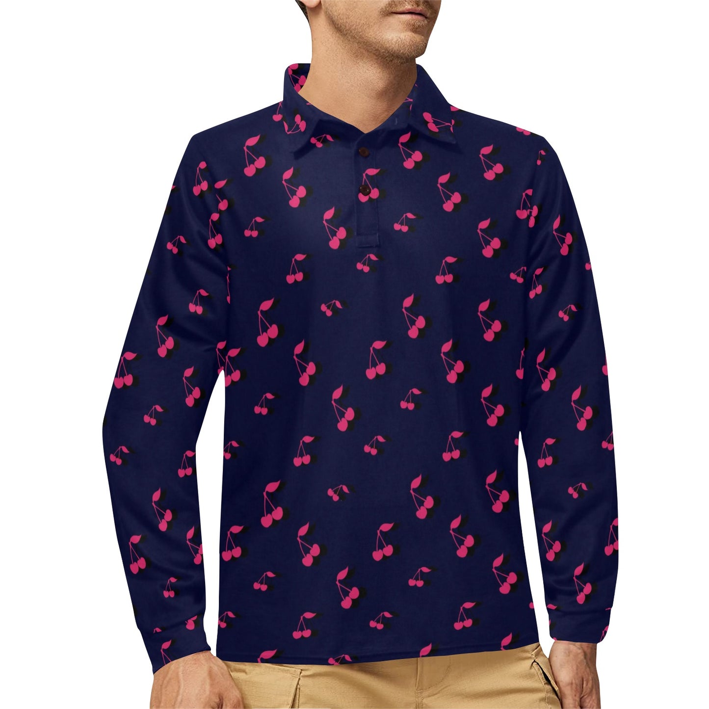 Cherry Pattern Print Design 02 Long Sleeve Polo Shirt For Men's