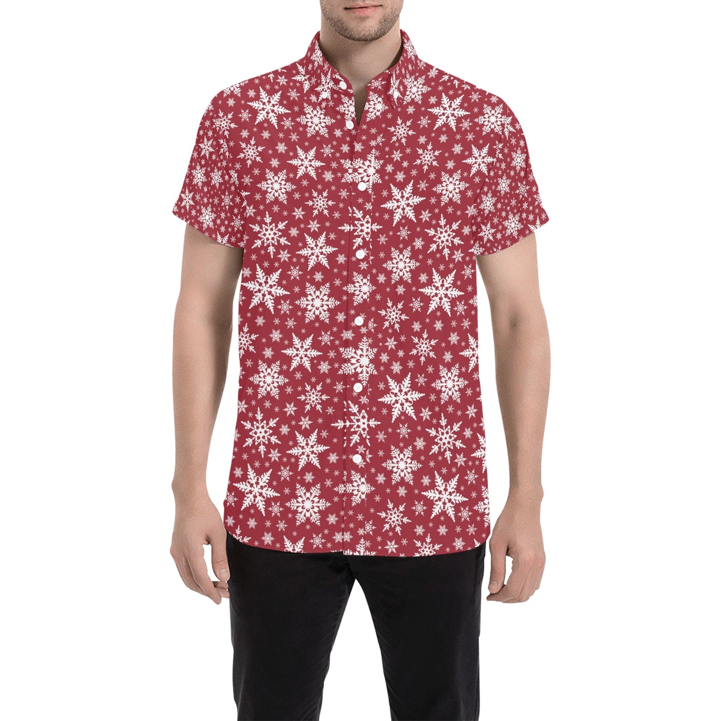 Snowflake Red Print Design LKS302 Men Short Sleeve Button Up Shirt