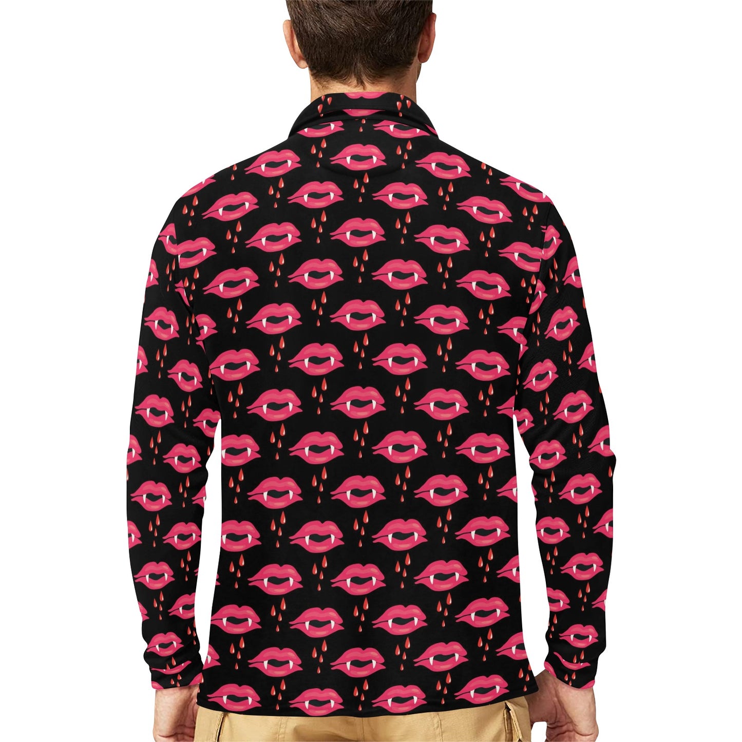 Vampire Lips Print Design LKS303 Long Sleeve Polo Shirt For Men's