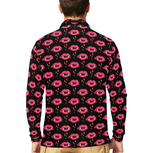 Vampire Lips Print Design LKS303 Long Sleeve Polo Shirt For Men's