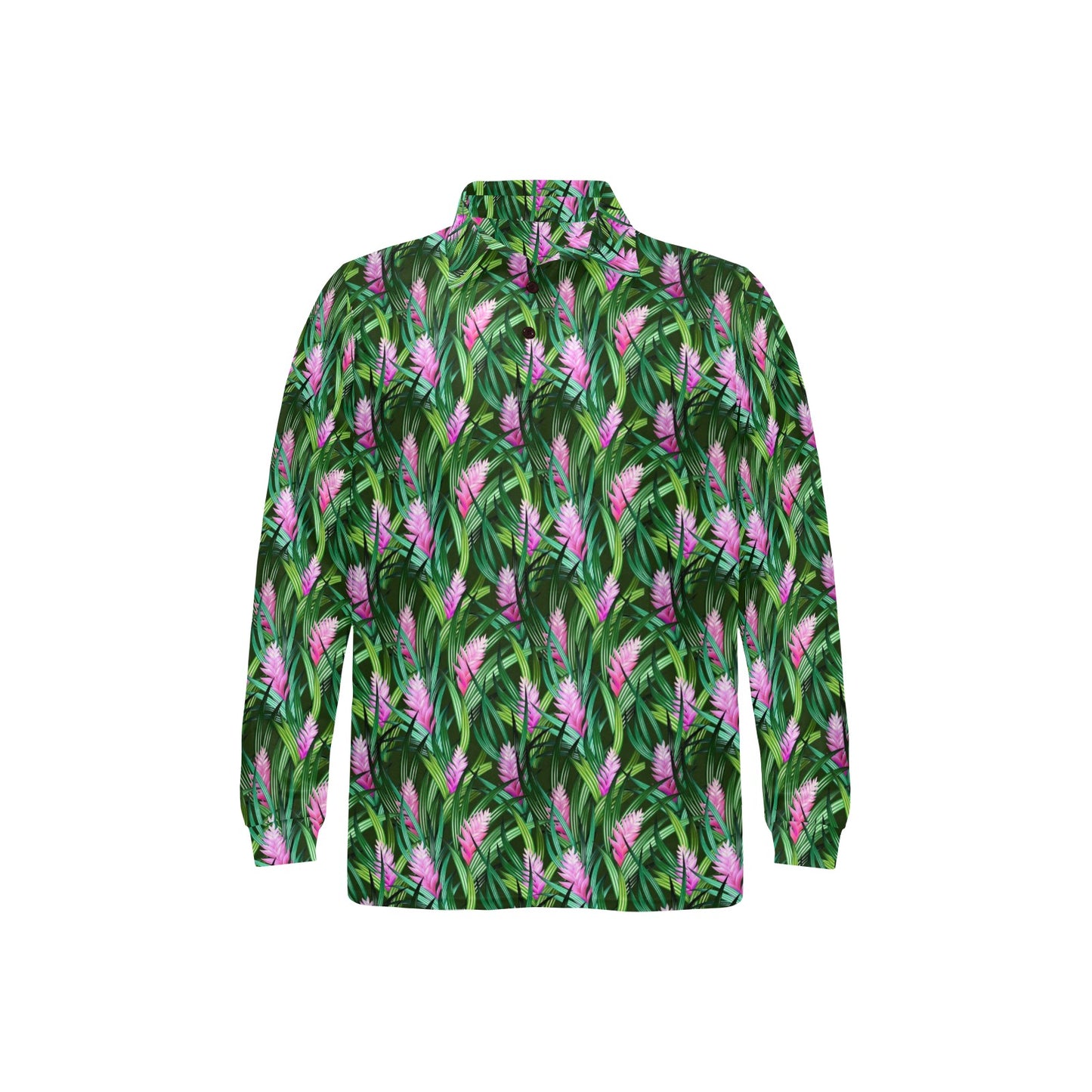 Tropical Folower Pink Heliconia Print Long Sleeve Polo Shirt For Men's