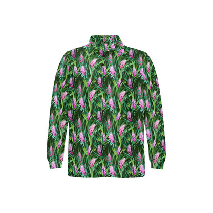 Tropical Folower Pink Heliconia Print Long Sleeve Polo Shirt For Men's