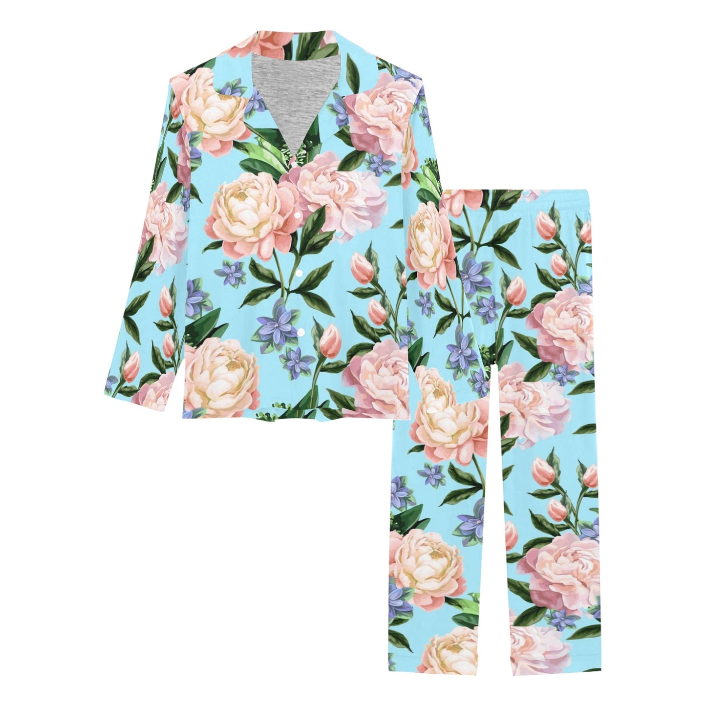 Peony Pattern Print Design PE02 Women's Long Pajama Set