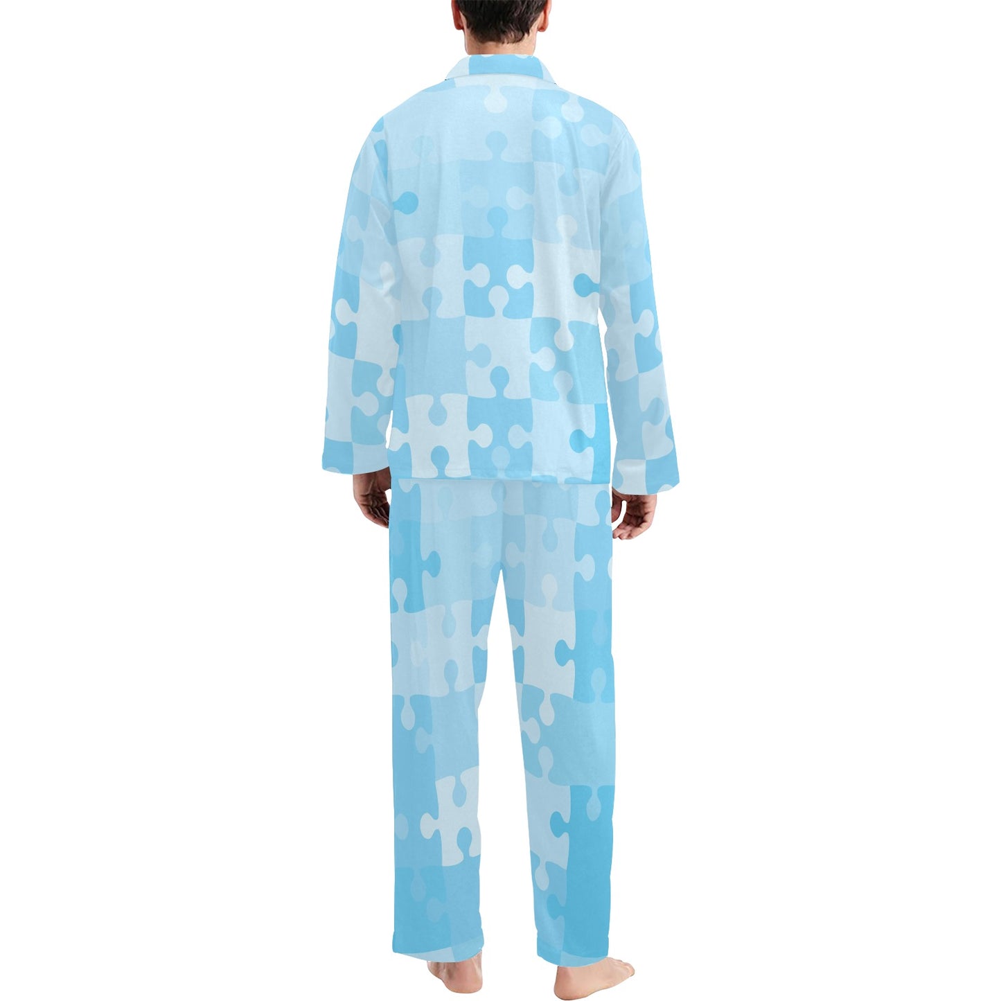 Puzzle Blue Pattern Print Design A04 Men's Long Pajama Set