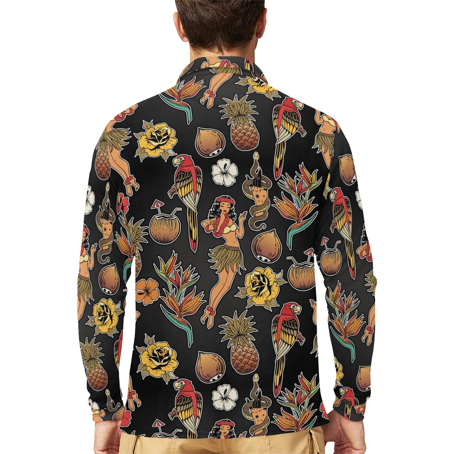 Hula Dancers Hawaiian Style Pattern Print Design 02 Long Sleeve Polo Shirt For Men's
