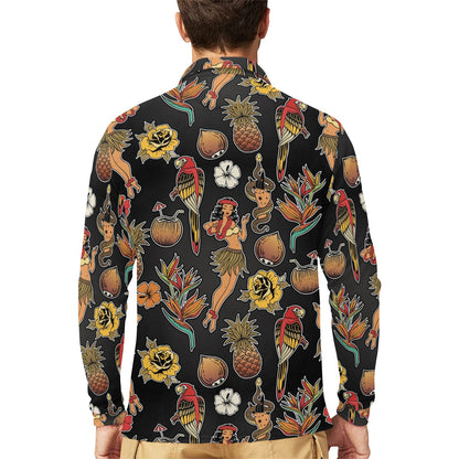 Hula Dancers Hawaiian Style Pattern Print Design 02 Long Sleeve Polo Shirt For Men's