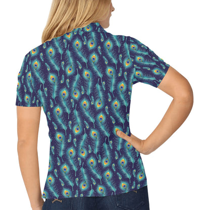 Peacock Feather Blue Design Print Women's Polo Shirt