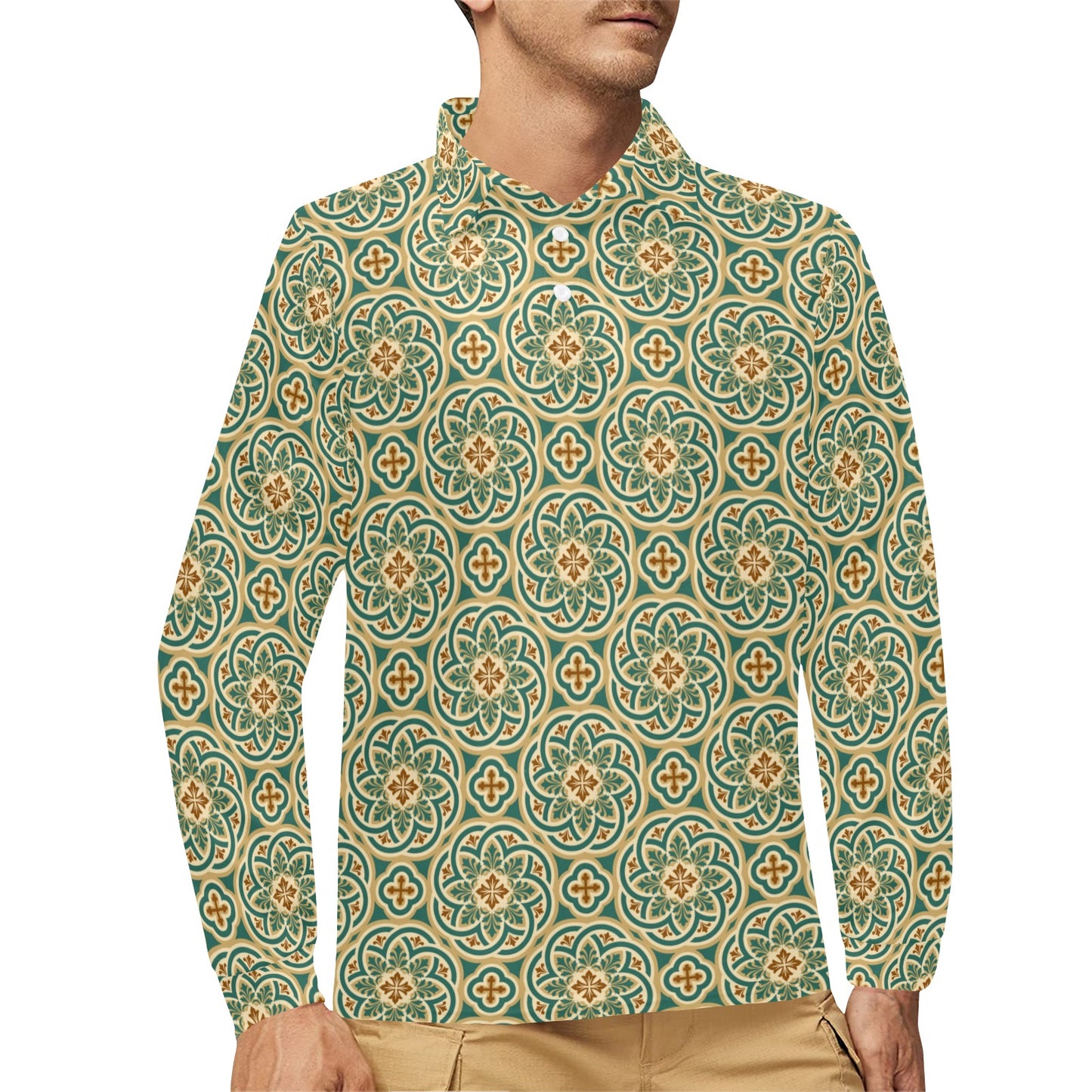 Cross Pattern Print Design 01 Long Sleeve Polo Shirt For Men's