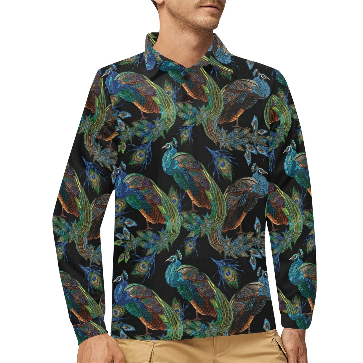 Peacock Pattern Print Design A04 Long Sleeve Polo Shirt For Men's
