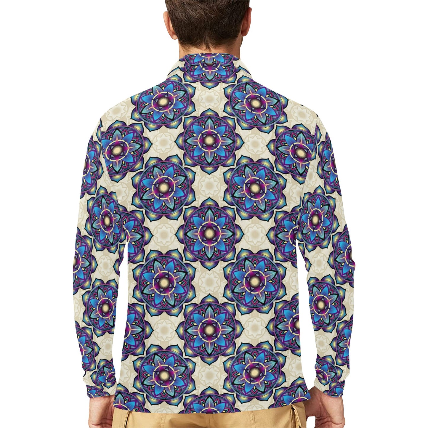 lotus Boho Pattern Print Design LO08 Long Sleeve Polo Shirt For Men's