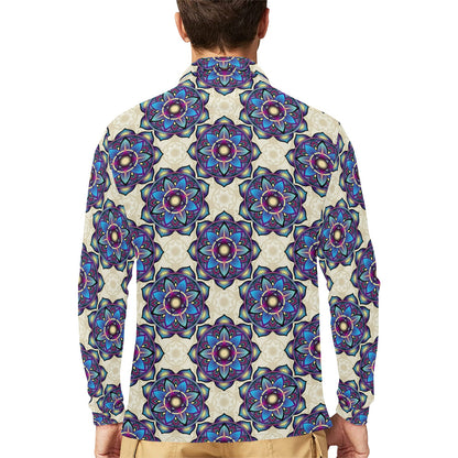 lotus Boho Pattern Print Design LO08 Long Sleeve Polo Shirt For Men's