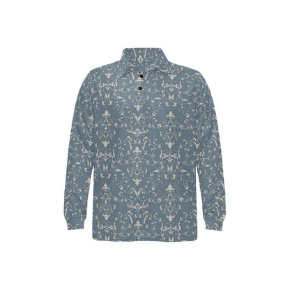 Damask Elegant Teal Print Pattern Long Sleeve Polo Shirt For Men's