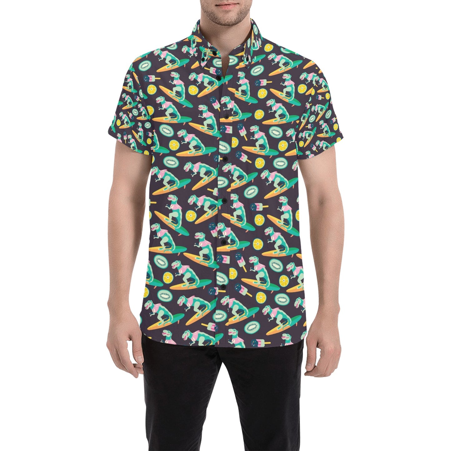 Surfboard T Rex Print Design LKS301 Men Short Sleeve Button Up Shirt