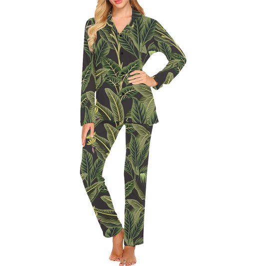 Banana Leaf Pattern Print Design BL04 Women's Long Pajama Set