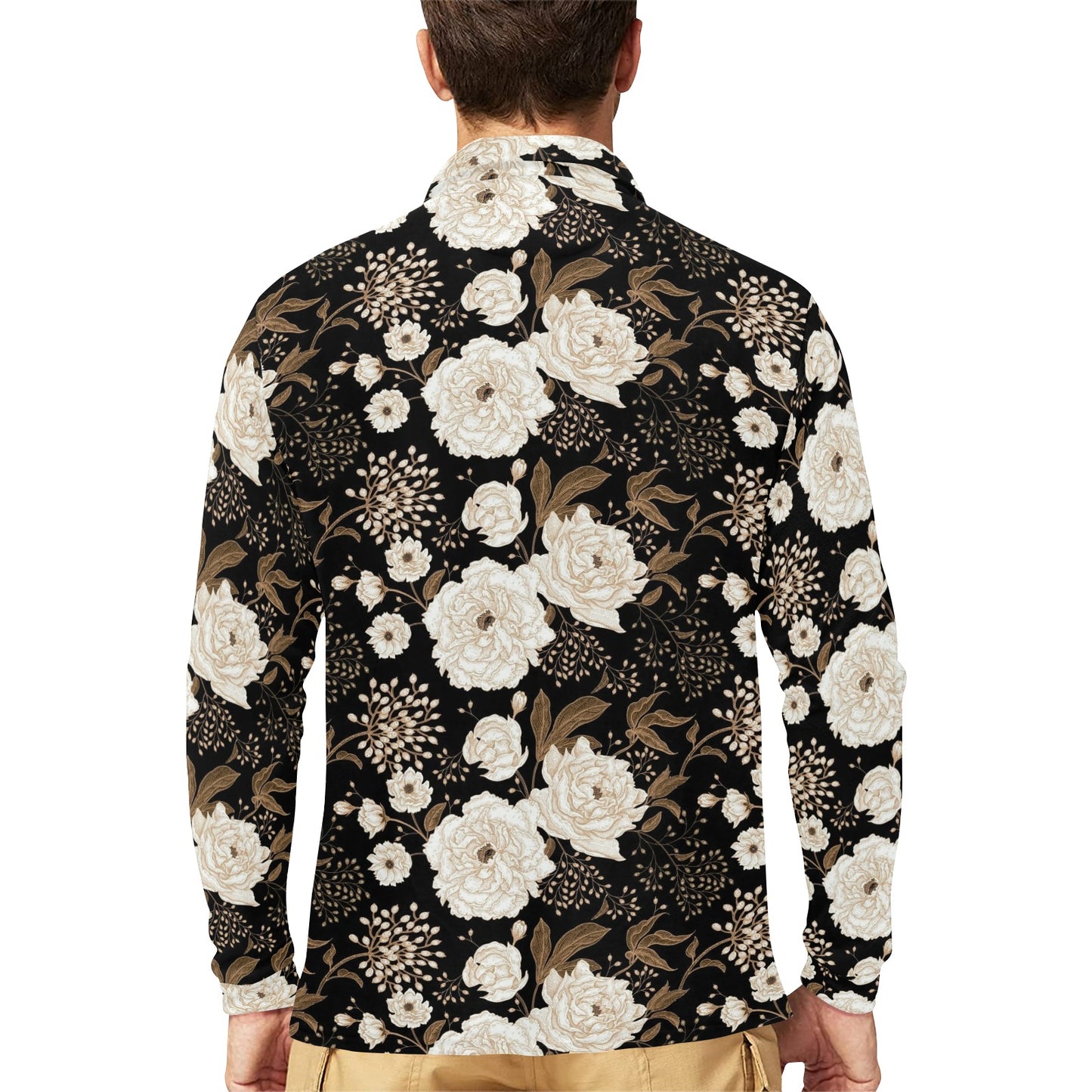 Peony Pattern Print Design A02 Long Sleeve Polo Shirt For Men's